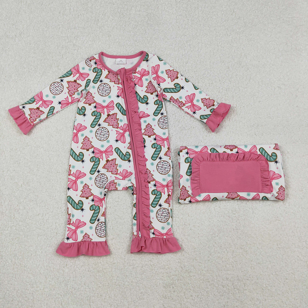 LR2486 Bows Candy Cane Print Baby Girls Christmas Zipper Sleeper Romper