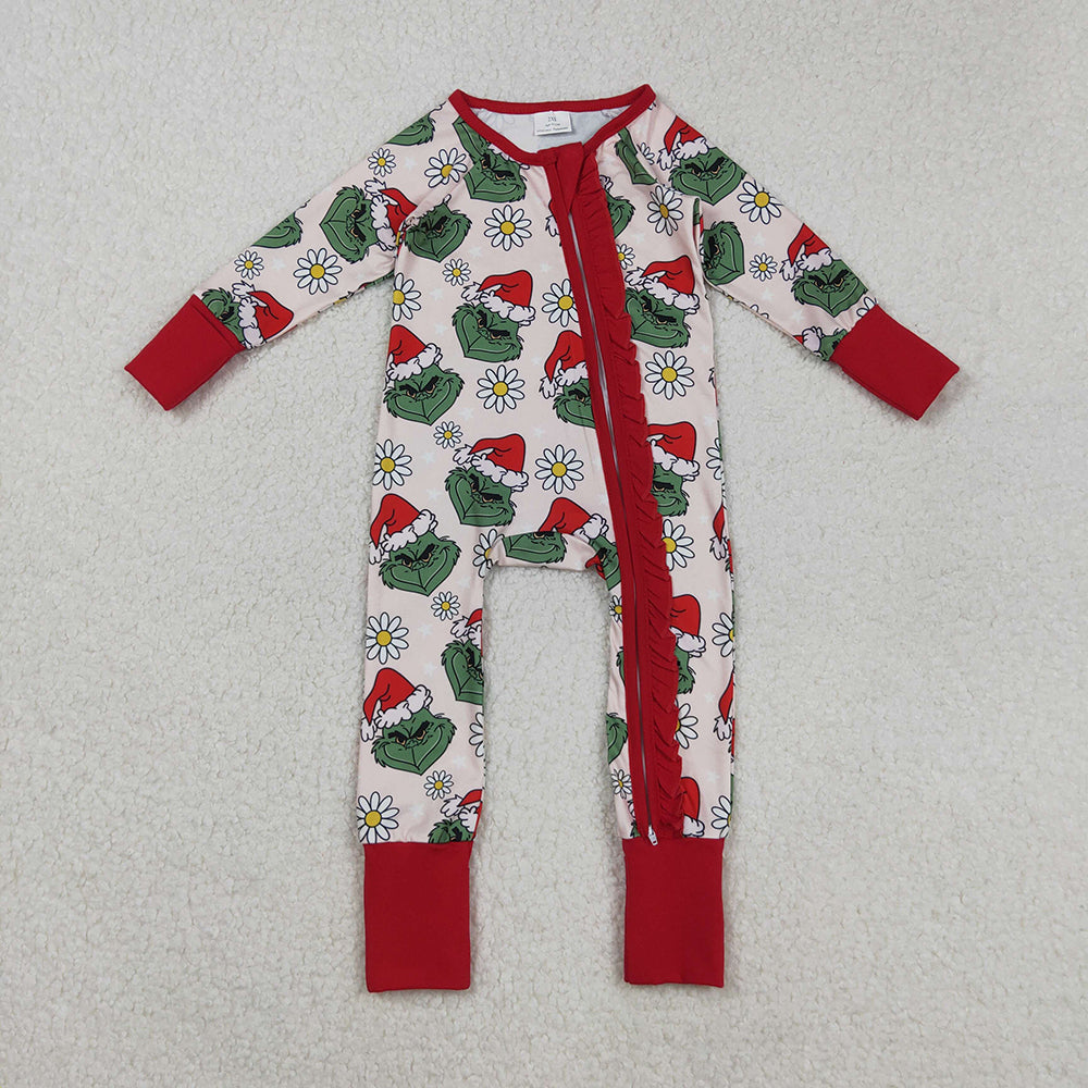 LR2489 Green Frog Smiling Flowers Print Baby Girls Christmas Zipper Sleeper Romper