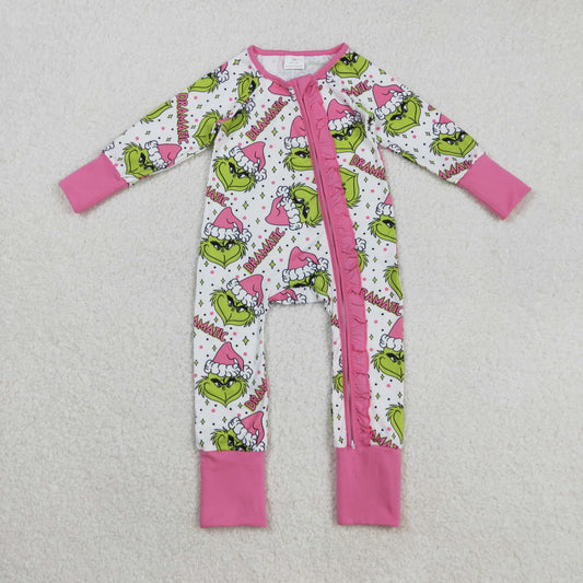 LR2495 Green Frog Smiling Print Baby Girls Christmas Zipper Sleeper Romper
