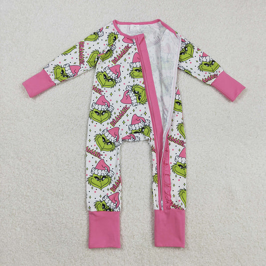 LR2495 Green Frog Smiling Print Baby Girls Christmas Zipper Sleeper Romper
