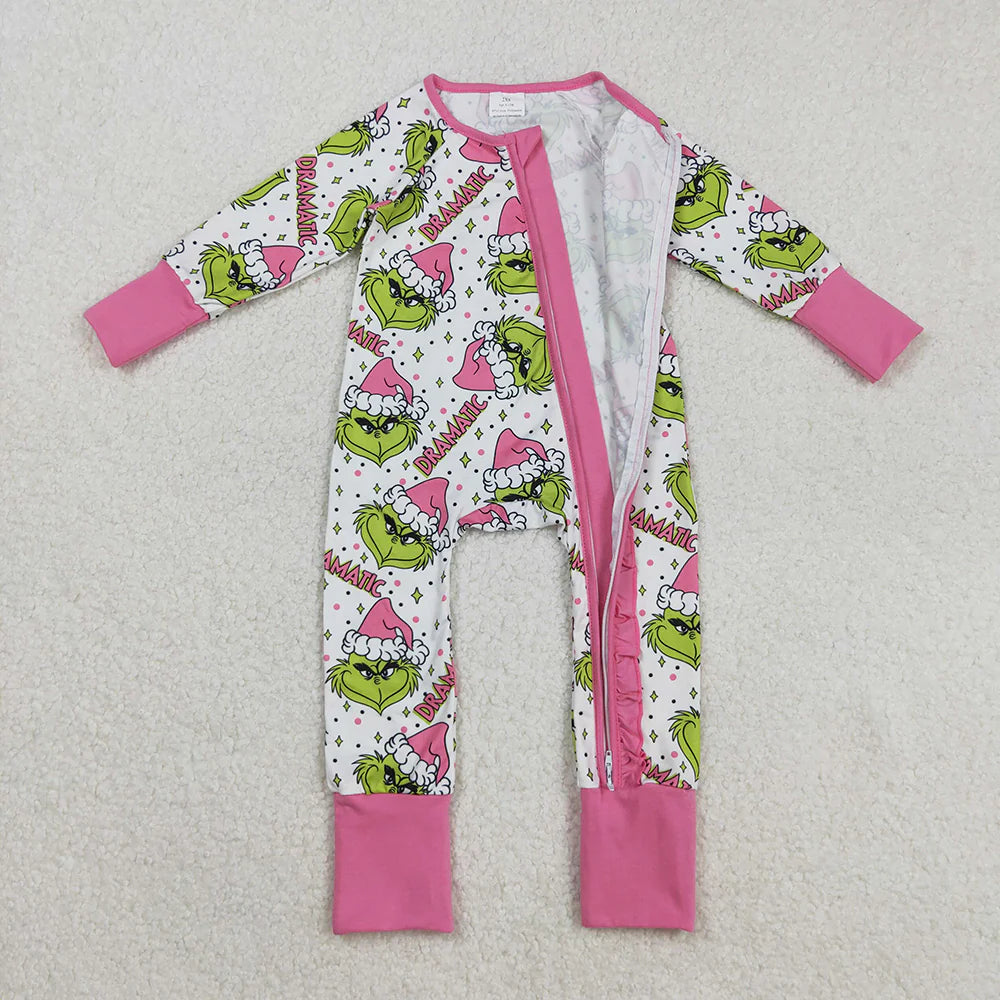 Baby Girls Green Faces Stars Ruffle Zipper Christmas Rompers