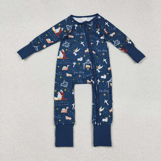LR2504 Nativity Navy Print Baby Christmas Zipper Sleeper Romper