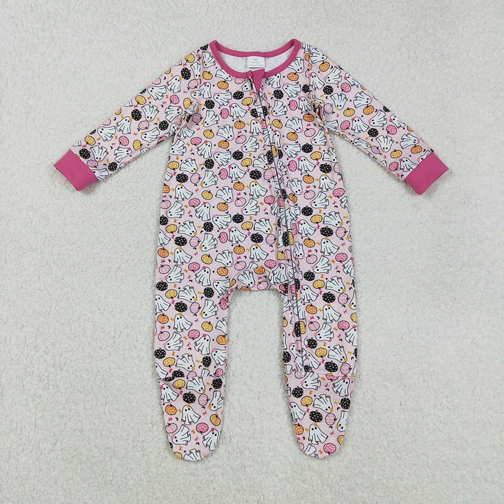 LR2506  Pumpkin Ghost Print Baby Girls Halloween Zipper Sleeper Romper