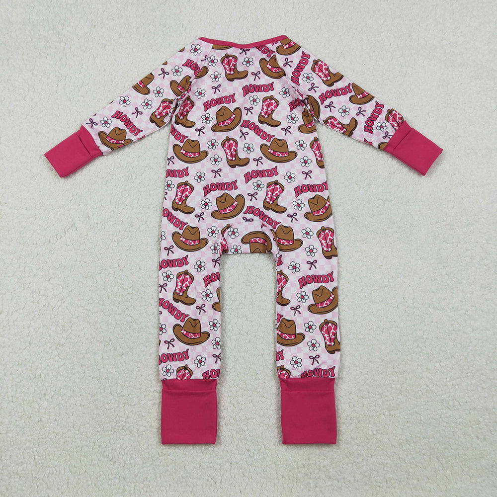 LR2516 Howdy Boots Hat Plaid Print Baby Girls Long Sleeve Zipper Sleeper Summer