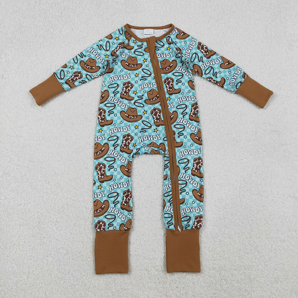 LR2517 Howdy Boots Hat Plaid Print Baby Boys Long Sleeve Zipper Sleeper Summer