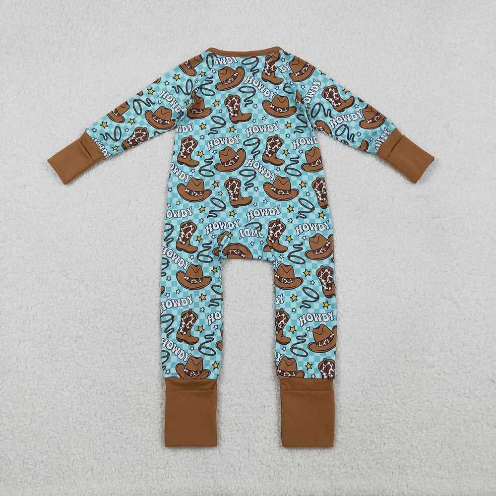 LR2517 Howdy Boots Hat Plaid Print Baby Boys Long Sleeve Zipper Sleeper Summer