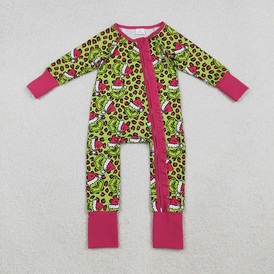 LR2520 Green Frog Smiling Leopard Print Baby Girls Christmas Zipper Sleeper Romper