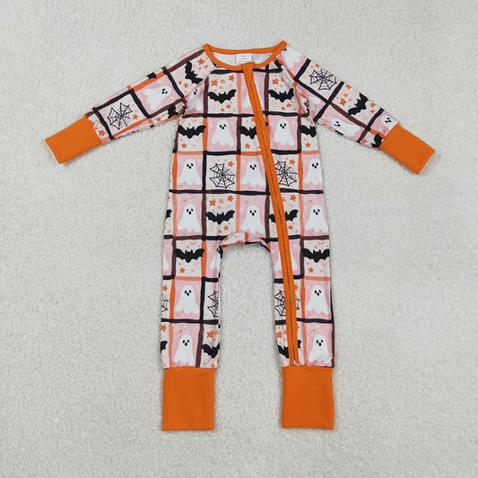 LR2539  Ghost Bat Web Print Baby Halloween Zipper Sleeper Romper