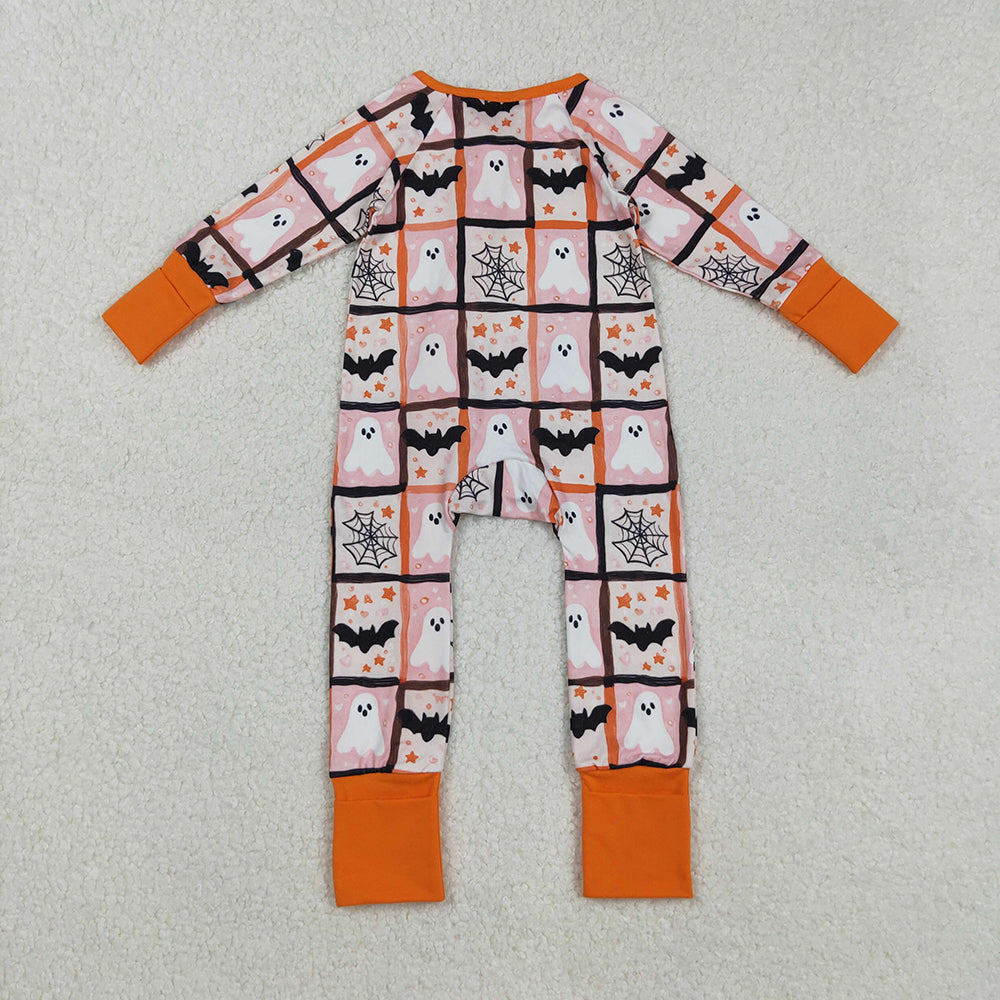 LR2539  Ghost Bat Web Print Baby Halloween Zipper Sleeper Romper