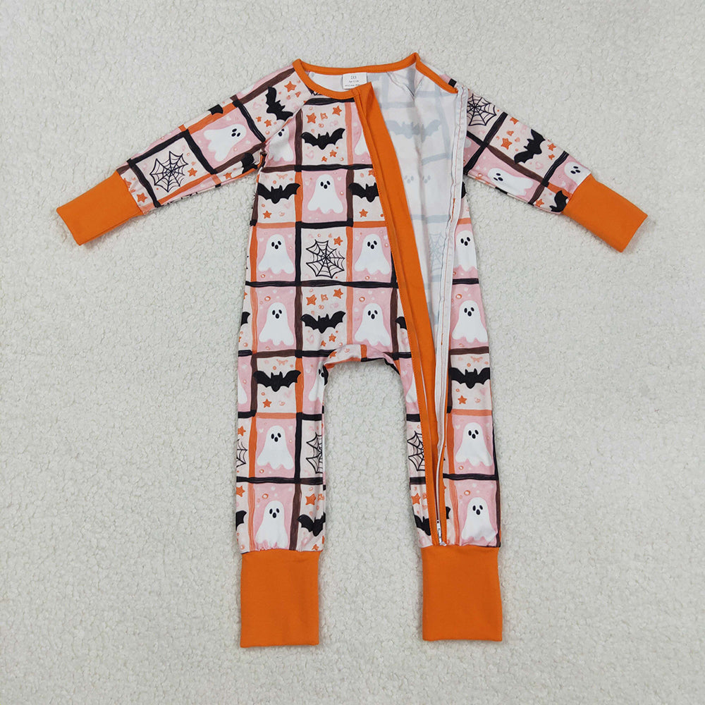 LR2539  Ghost Bat Web Print Baby Halloween Zipper Sleeper Romper
