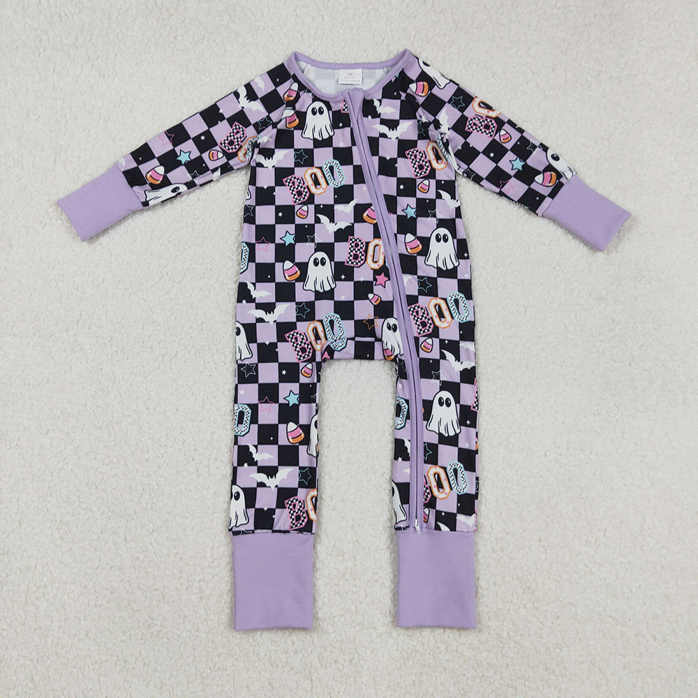 LR2541  Ghost Bat BOO Checkered Print Baby Girls Halloween Zipper Sleeper Romper