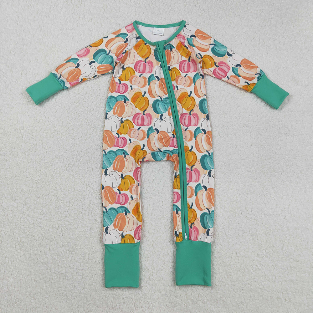 LR2552 Colorful Pumpkin Print Baby Girls Fall Zipper Sleeper Romper