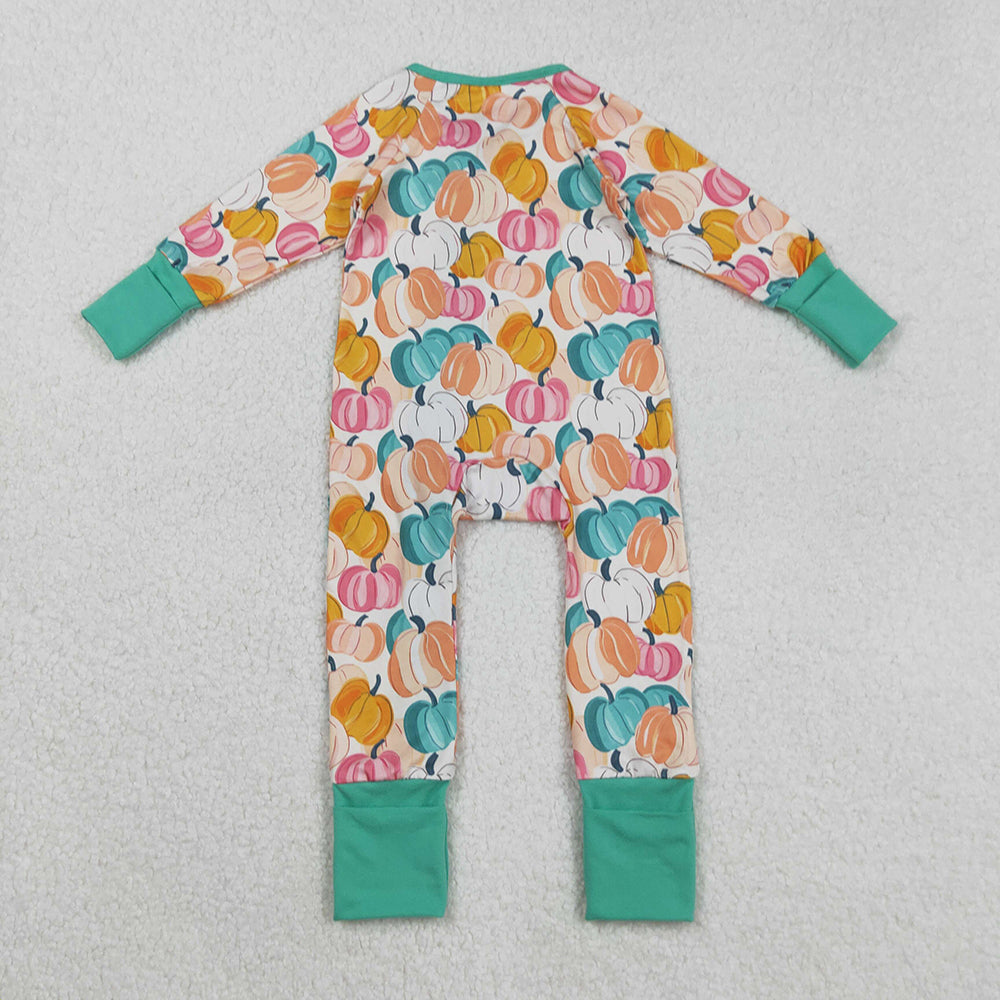 LR2552 Colorful Pumpkin Print Baby Girls Fall Zipper Sleeper Romper