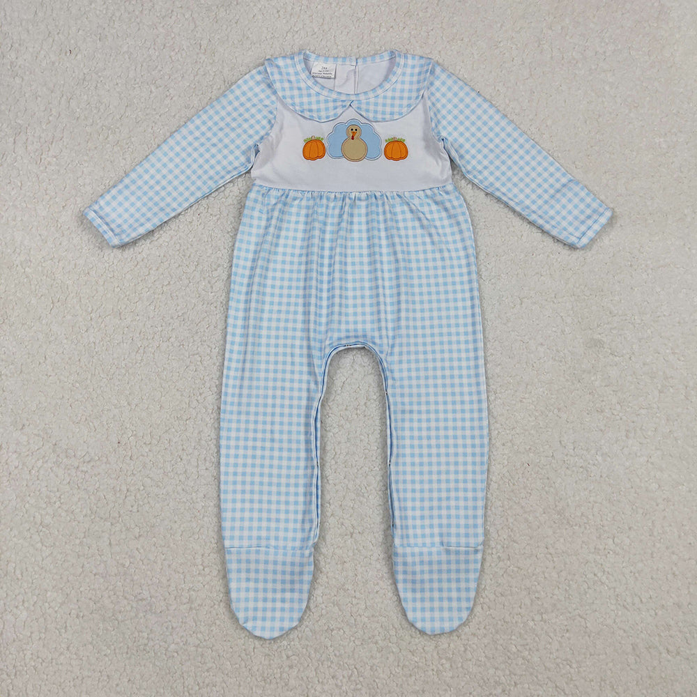 LR2561 Turkey Pumpkin Embroidery Blue Checkered Baby Boys Thanksgiving Doll Collar Romper