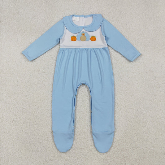LR2562 Turkey Pumpkin Embroidery Blue Cotton Baby Boys Thanksgiving Doll Collar Romper