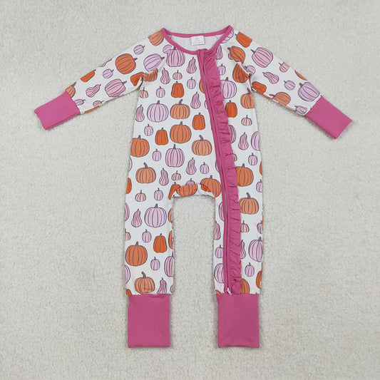 LR2566 Pumpkin Pink Print Baby Girls Fall Zipper Sleeper Romper