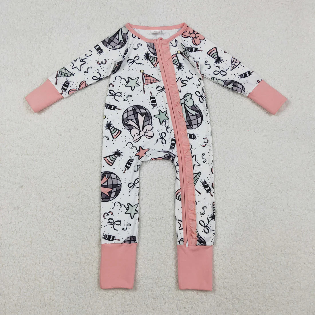 Sibling Baby Girls Happy New Year Ruffle Pants Pajamas Sets Two Way Zip Convertible Rompers