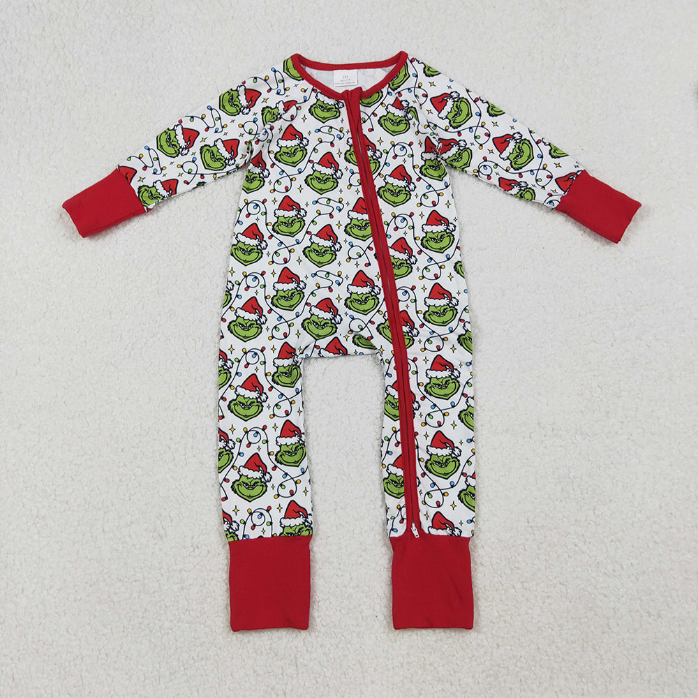 LR2574 Green Frog Smiling Lights Print Baby Christmas Zipper Sleeper Romper