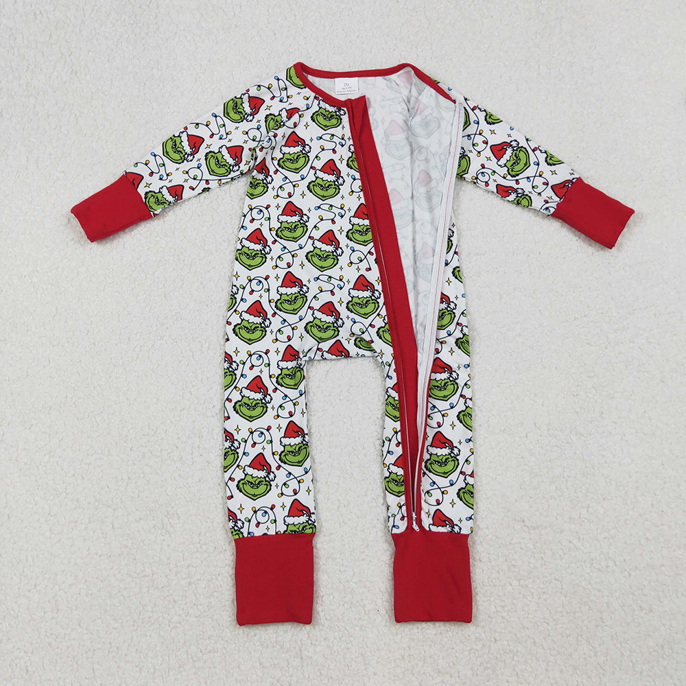 LR2574 Green Frog Smiling Lights Print Baby Christmas Zipper Sleeper Romper