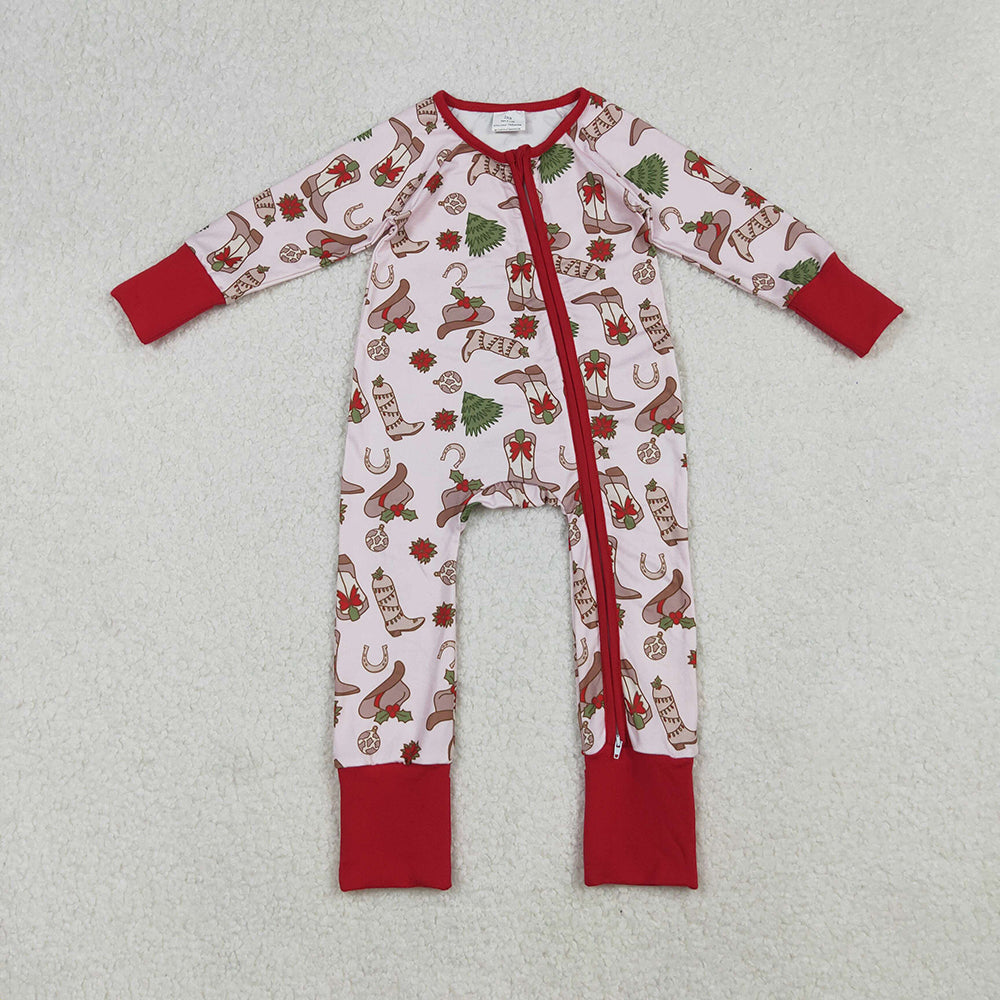 LR2584 Boots Holly Print Baby Girls Christmas Zipper Sleeper Romper