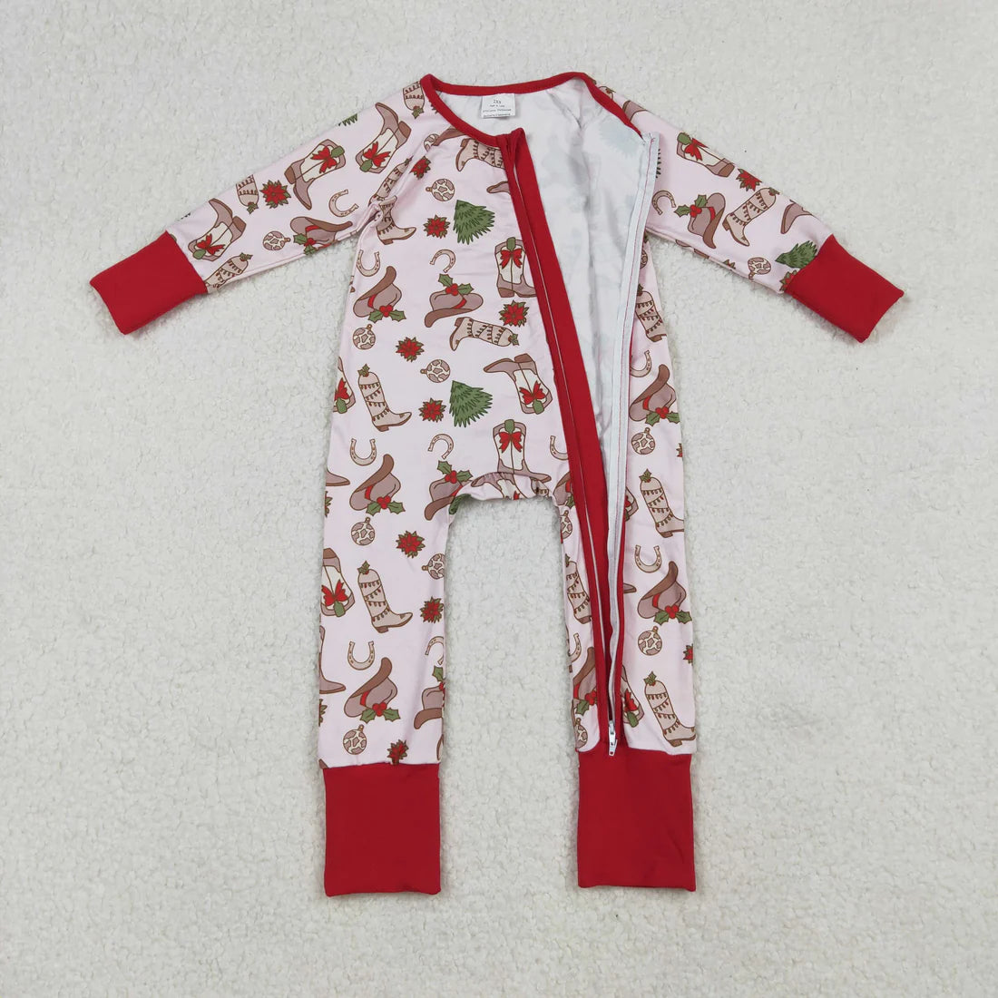 Sibling Baby Girls Boots Holly Trees Christmas Knee Length Dress Zipper Rompers Pajamas Sets