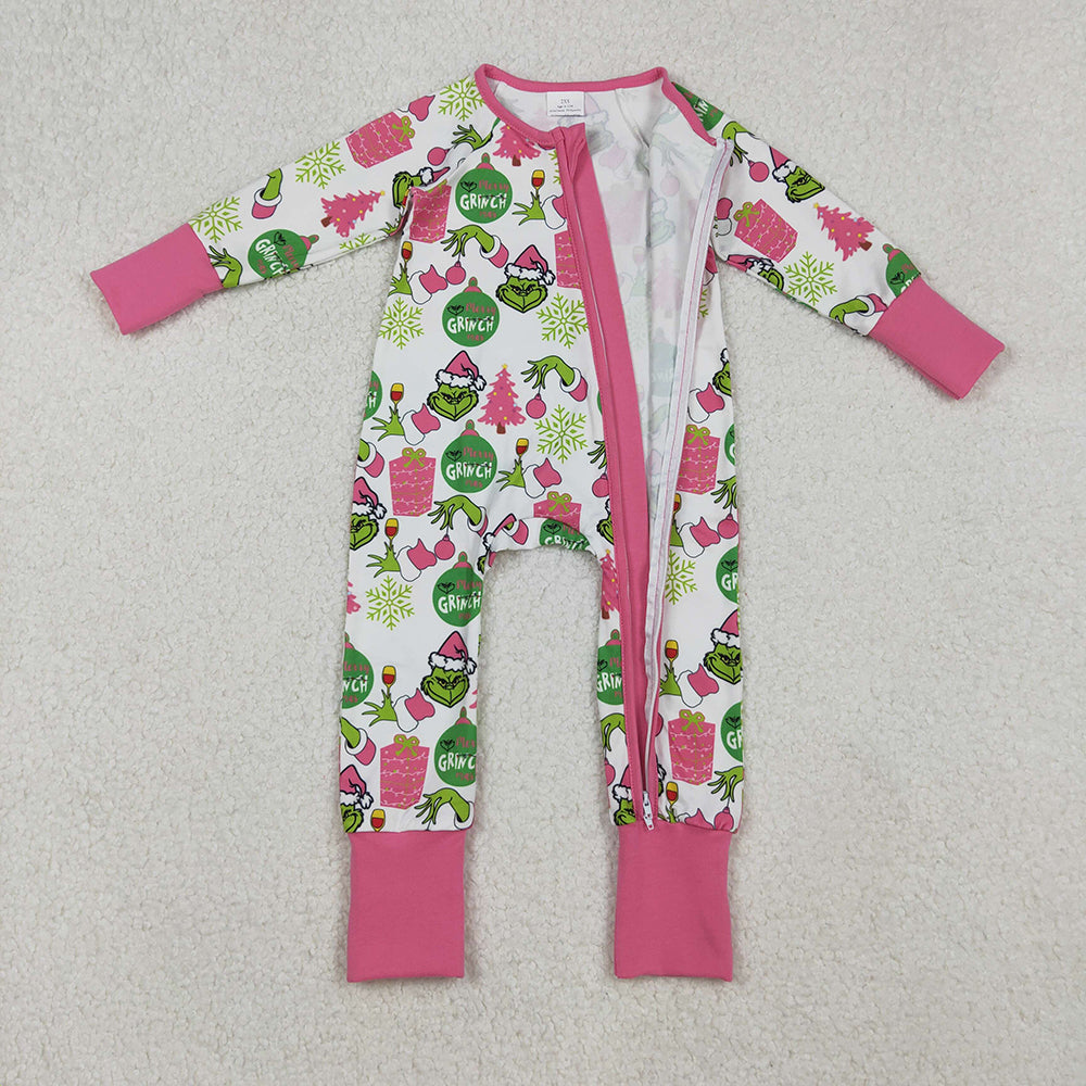 LR2588 Green Frog Smiling Pink Print Baby Girls Christmas Zipper Sleeper Romper