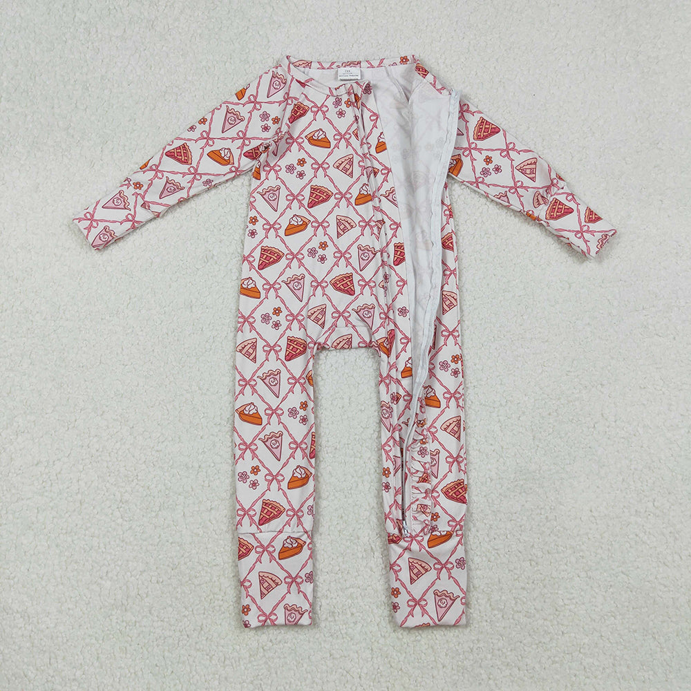 LR2594 Pie Bows Print Baby Girls Thanksgiving Zipper Sleeper Romper