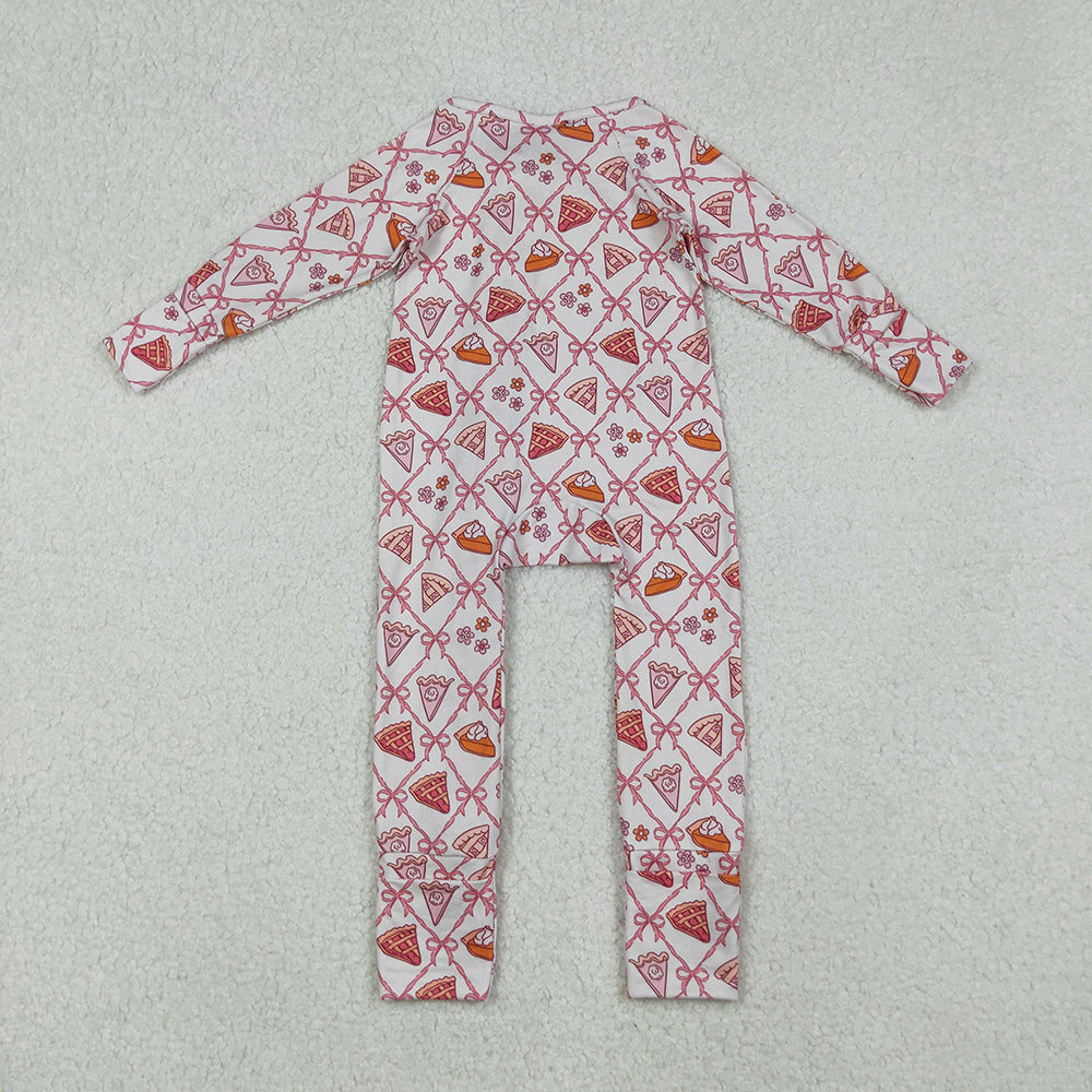 LR2594 Pie Bows Print Baby Girls Thanksgiving Zipper Sleeper Romper