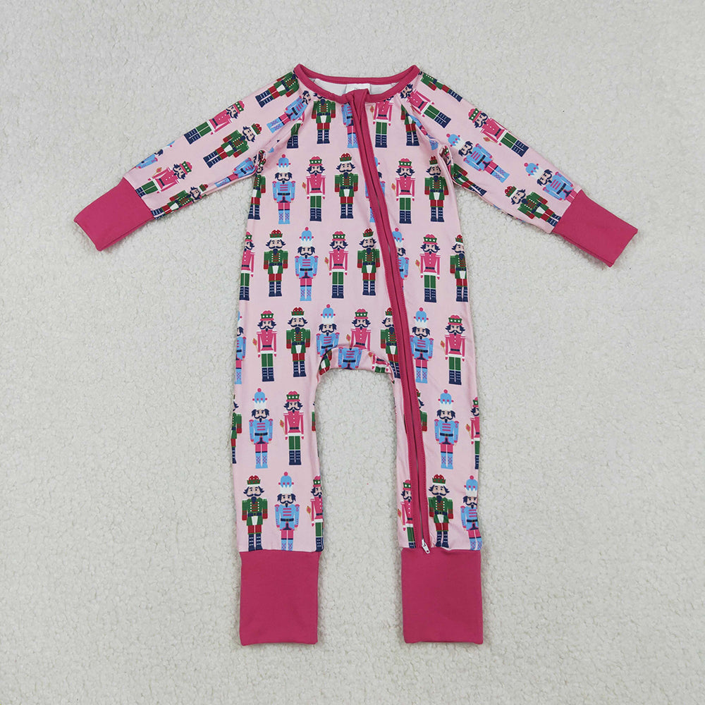 LR2598 Nutcracke* Soldier Pink Print Baby Girls Christmas Zipper Sleeper Romper