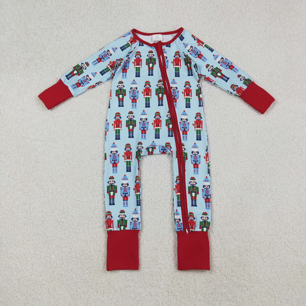 LR2599 Nutcracke* Soldier Blue Print Baby Boys Christmas Zipper Sleeper Romper