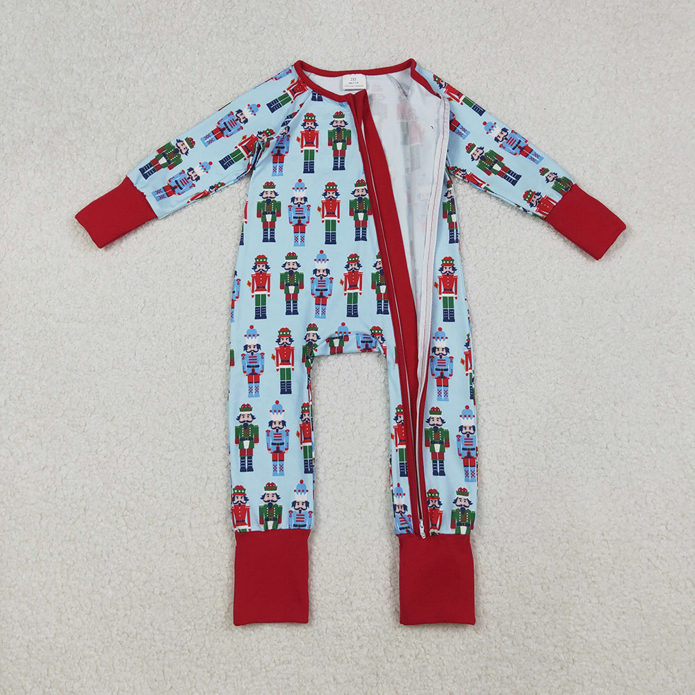 LR2599 Nutcracke* Soldier Blue Print Baby Boys Christmas Zipper Sleeper Romper
