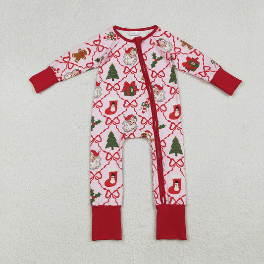 LR2632 Santa Holly Bows Print Baby Girls Christmas Zipper Sleeper Romper