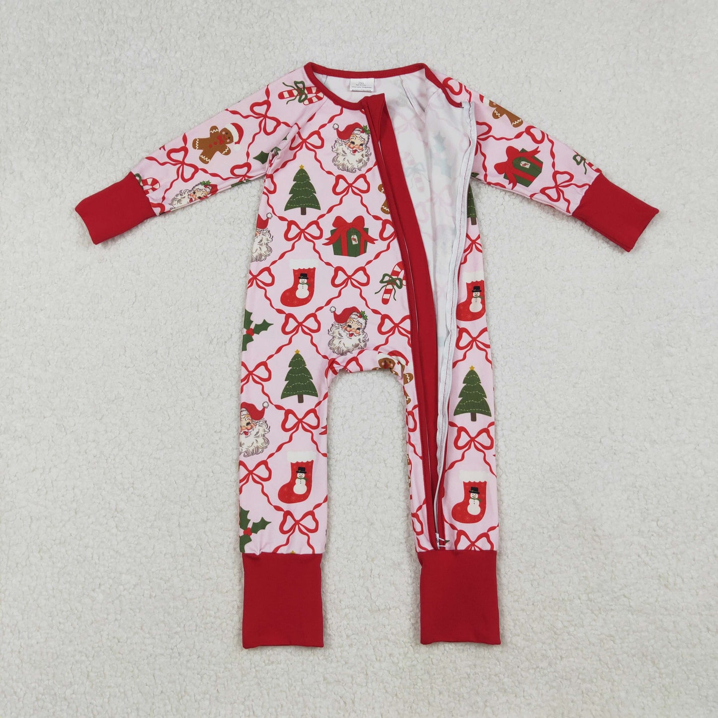 Mama and Me Bows Santa Socks Checked Top Pants Christmas Pajamas Sets Zipper Rompers