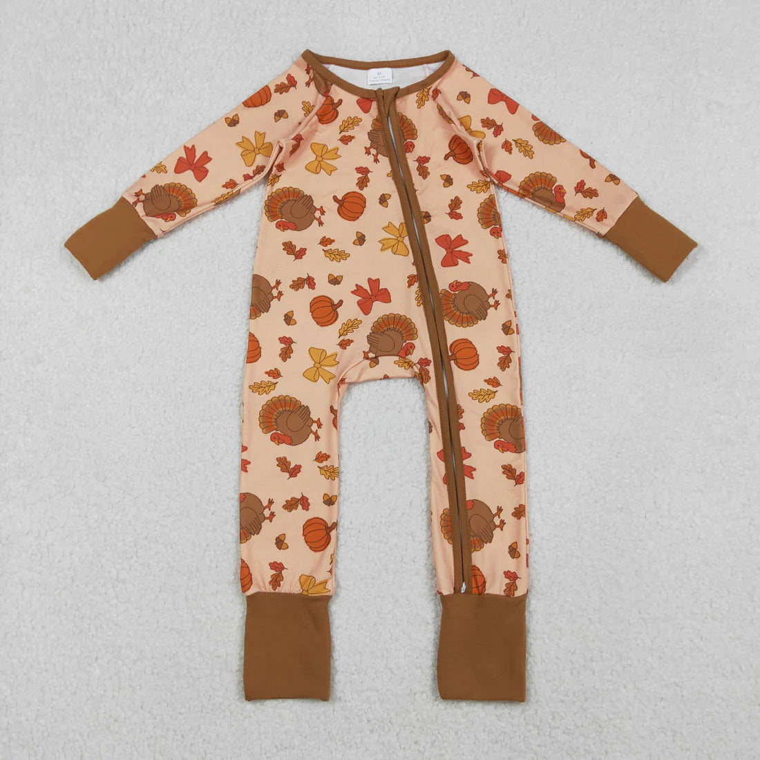 Sibling Baby Girls Turkey Pumpkin Thanksgiving Pajamas Sets Zip Rompers