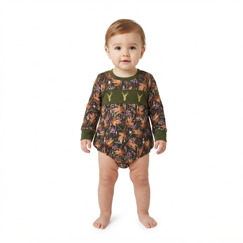 LR2729 Deer Embroidery Branch Camo Baby Boys Long Sleeve Bubble Romper