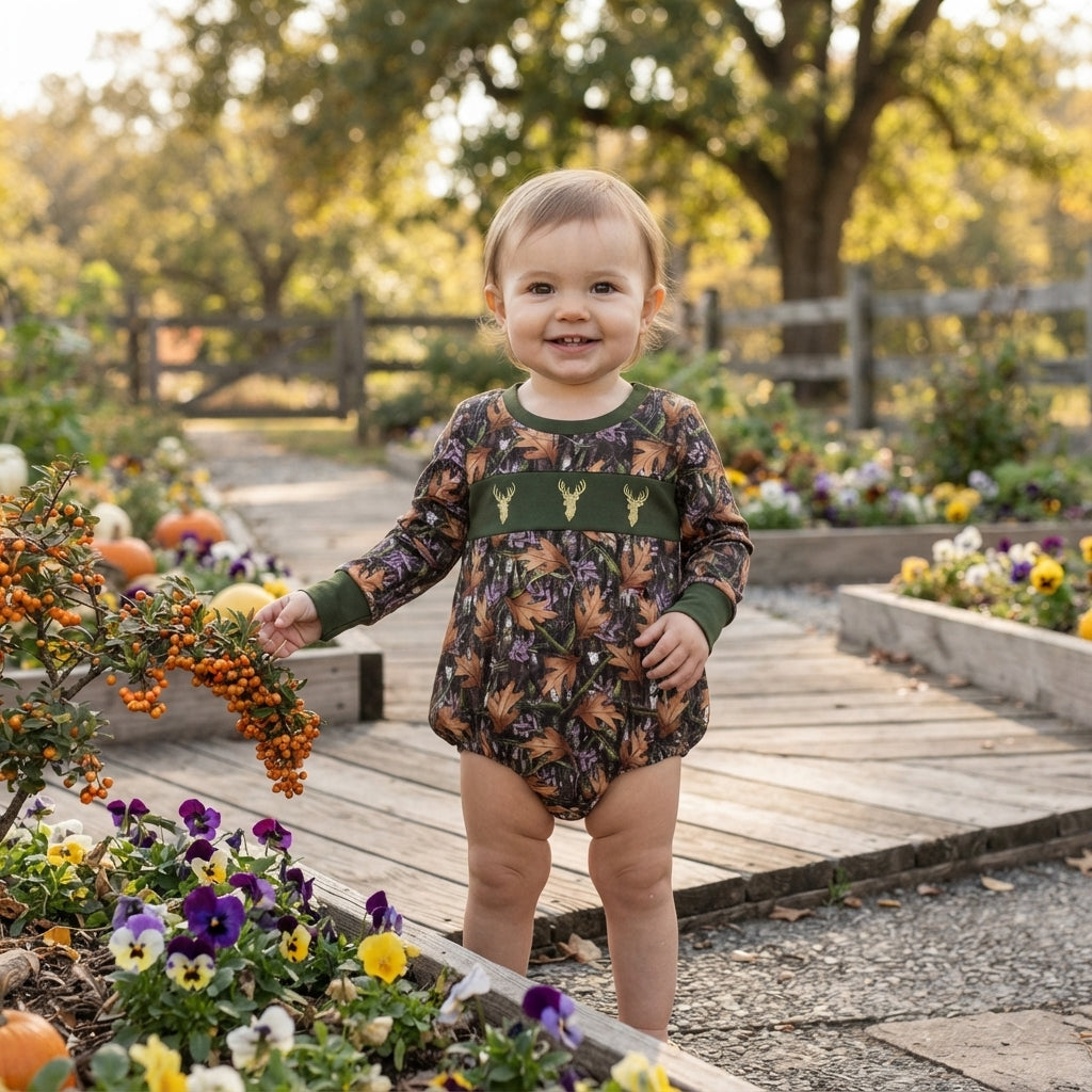 LR2729 Deer Embroidery Branch Camo Baby Boys Long Sleeve Bubble Romper