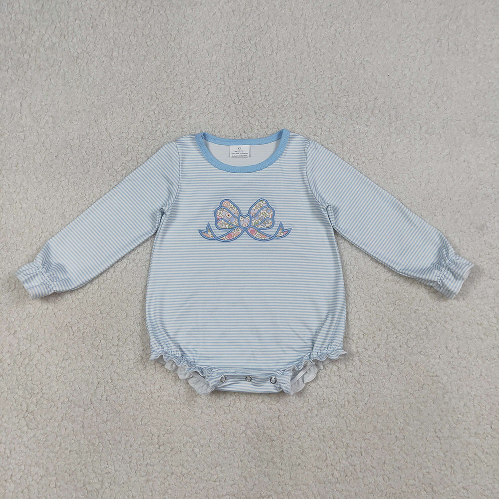 LR2917 Flowers Bow Embroidery Stripes Print Baby Girls Long Sleeve Romper
