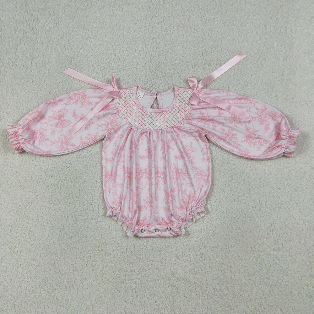 LR2932 Girls’ Pink Floral & Bow Long Sleeve Smocked Romper