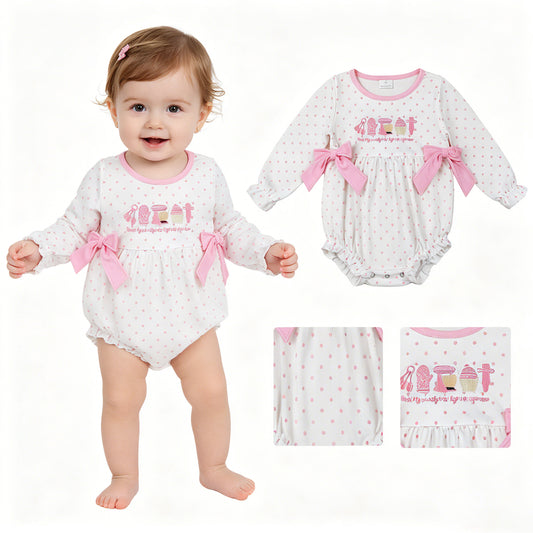 LR2947 Cake Embroidery Dots Pink Print Baby Girls Long Sleeve Romper