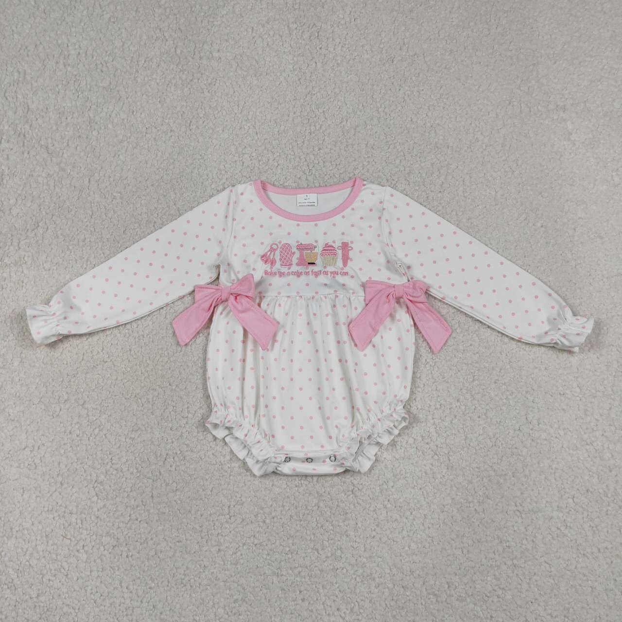 LR2947 Cake Embroidery Dots Pink Print Baby Girls Long Sleeve Romper