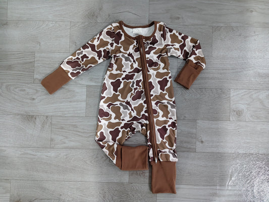 6.29 Preorder Baby Boys Brown Camo Long Sleeve Zipper Romper