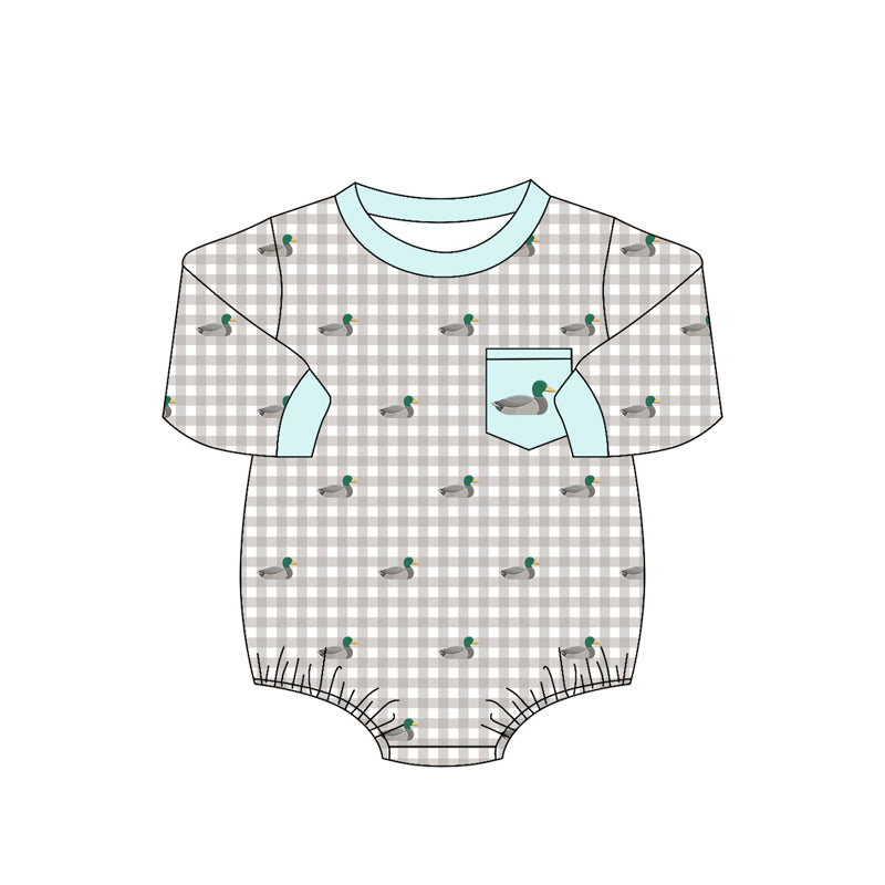 4.16  Baby Boys Duck Print Grey Gingham Long Sleeve Bubble Romper Preorder