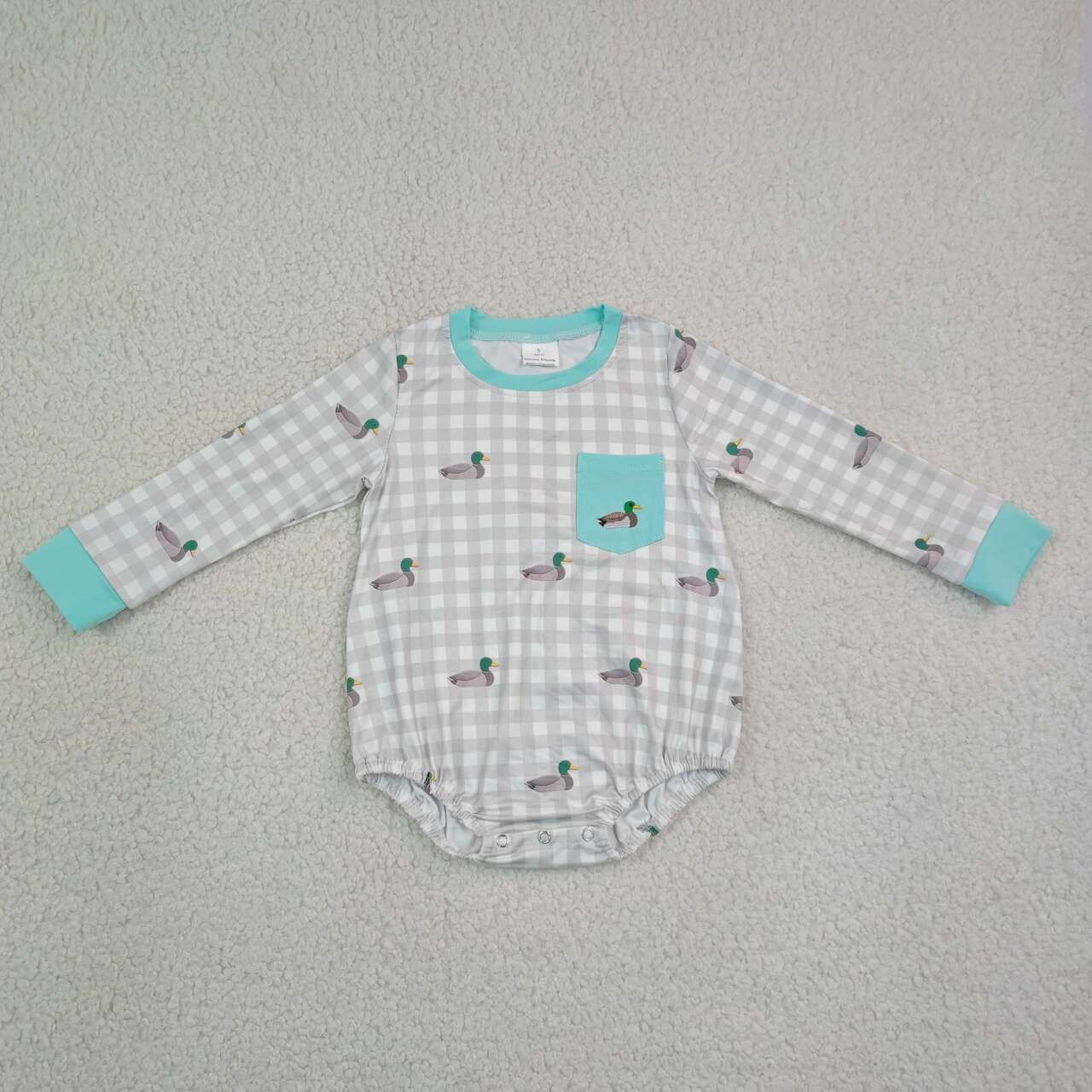 LR3000 Duck Embroidery Pocket Checkered Print Baby Boys Long Sleeve Romper