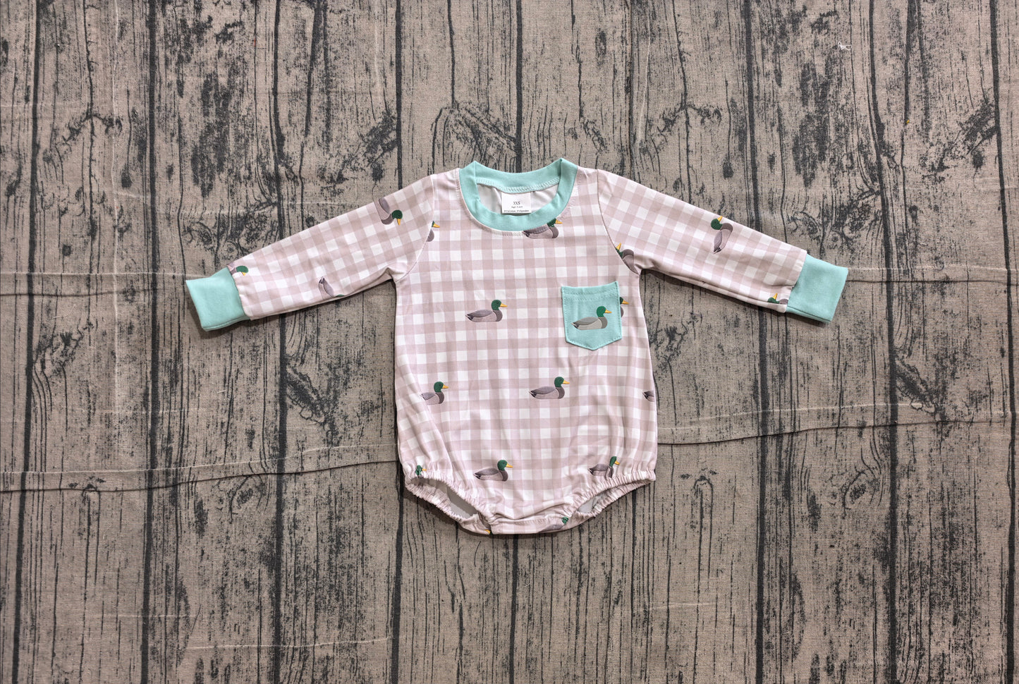 4.16  Baby Boys Duck Print Grey Gingham Long Sleeve Bubble Romper Preorder