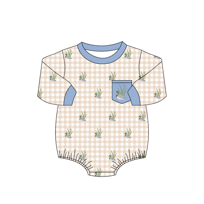 4.16  Baby Boys  Mallard Duck  Gingham Long Sleeve Bubble Romper Preorder