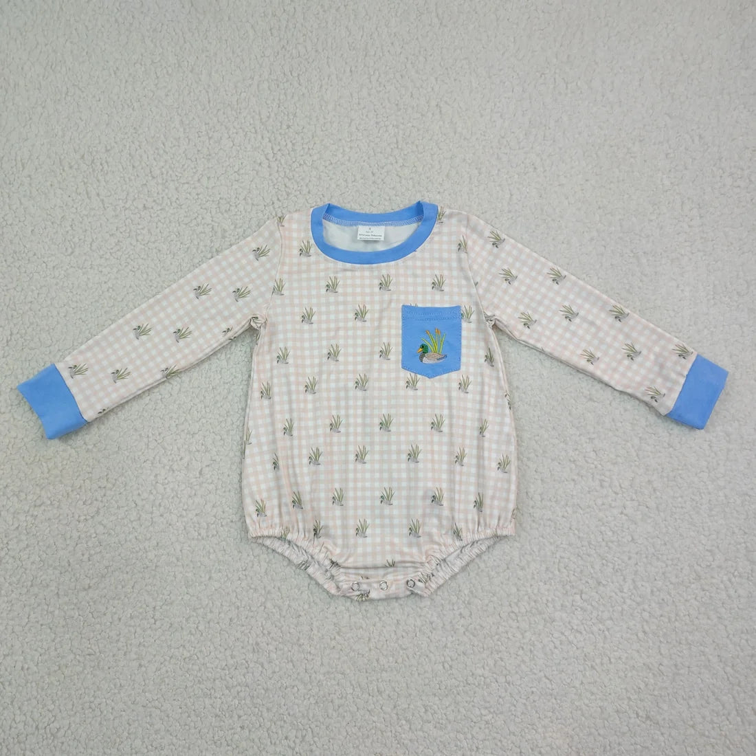 Sibling Baby Boys Embroidery Ducks Deer Pockets Hunting Checked Rompers
