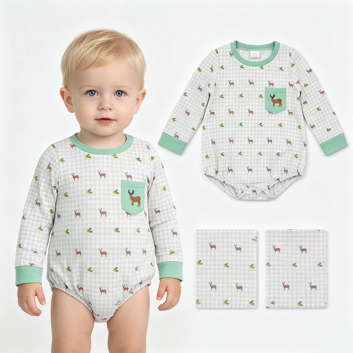 LR3003 Deer Embroidery Pocket Checkered Print Baby Boys Long Sleeve Romper