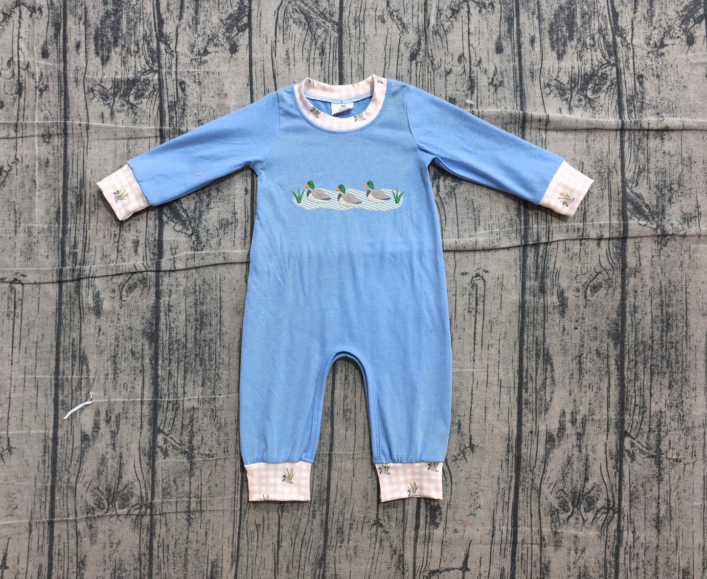 4.16  Baby Boys Duck Print  Blue Long Sleeve Romper Preorder
