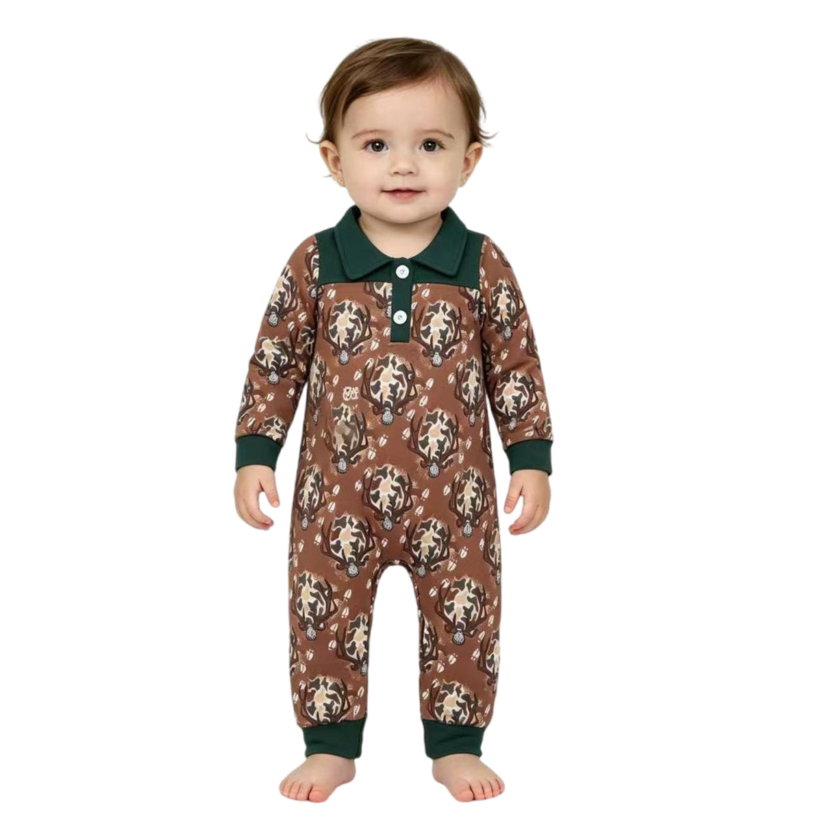 LR3013 Deer Skull Camo Brown Print Baby Boys Long Sleeve Romper