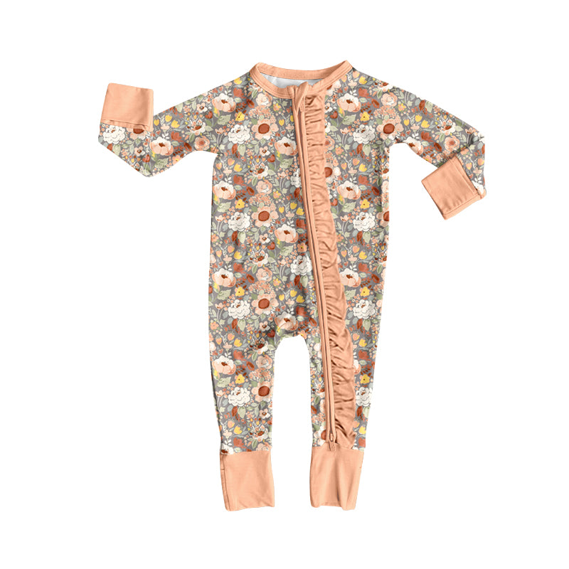 4.17  Peach Floral Baby Zip Romper - Long Sleeve Sleeper with Ruffle Zipper Preorder